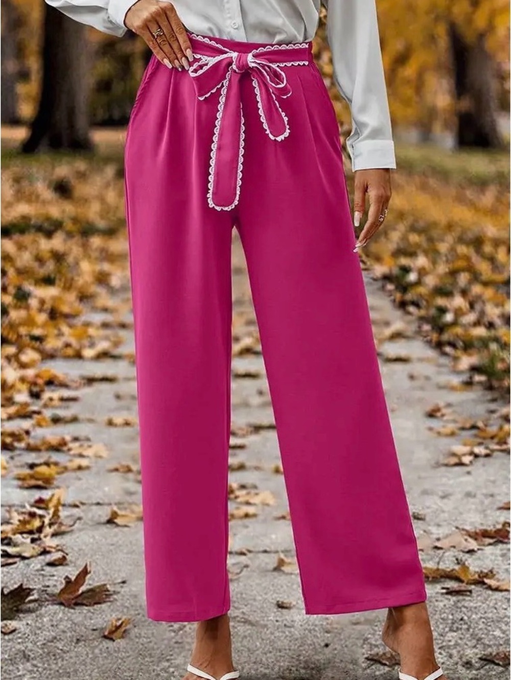 High-Waist Fuchsia Wide-Leg Pants with Tie Belt